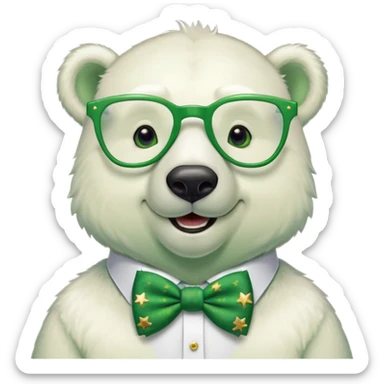 head and shoulders of a friendly anthropomorphised polar bear smiling, wearing large multicolored star-shaped glasses, green bow tie, shamrock pin, festive green shirt sticker