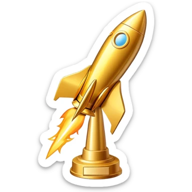 Golden rocket trophy award, shiny gold rocket with a trophy base sticker