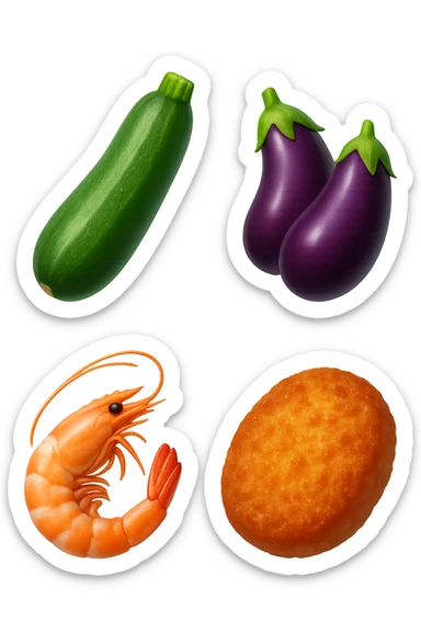 emoji stile iphone realistica zucchine, melanzane, gamberi, costoletta fluttuano in aria
IPERREALISTICO 4K sticker