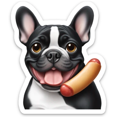 Black & white frenchie eating a sausage sticker