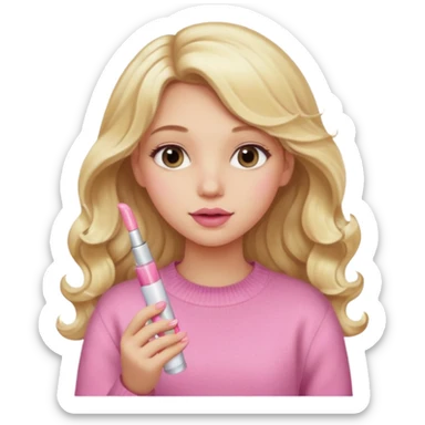 A long curled blonde haired  young girl with a pink sweater and holding a clear lip gloss sticker