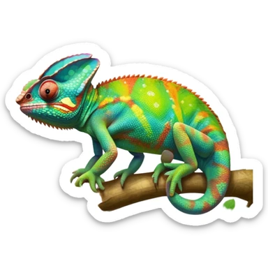 Giant chameleon on a branch, blending with vibrant greenery. Detailed scales in shifting colors, showing the chameleon’s ability to camouflage. Soft natural light highlights its texture. Nature background with leafs aтв адщцукы. Lush jungle background with vivid foliage, transparent background. sticker