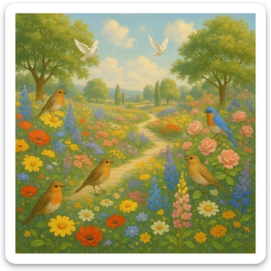 utopian garden with flowers, birds, and no cats in sight sticker