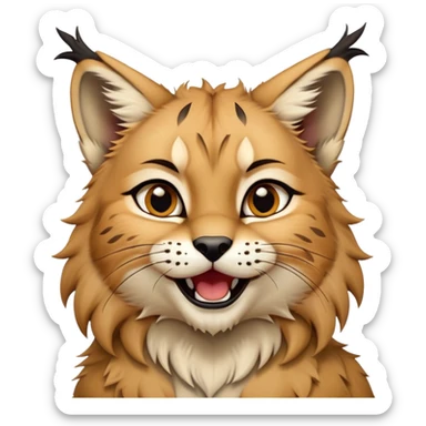 Cinematic-realistic cute-Lynx-Portrait-Emoji – Head tilted dramatically with an exaggeratedly amused expression, featuring a thick, tufted golden-brown coat with striking black ear tufts, wide, expressive amber eyes filled with playful disbelief. sticker