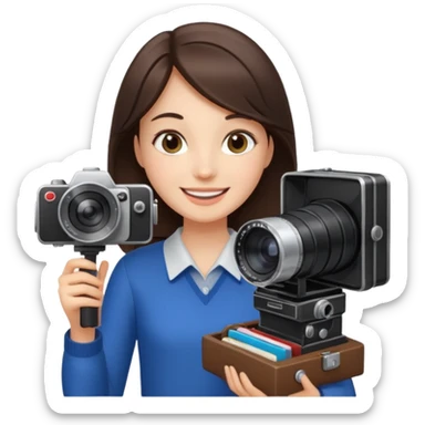 A brunette girl , she’s a proud and successful filmmaker 🍿🌍✨ she’s next to a tall, set camera, / holding awards  sticker