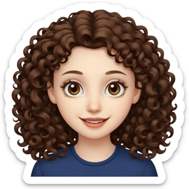 Light brown eyed female with pale skin. She has big eyes, curly and long dark brown hair and thin lips smiling. sticker