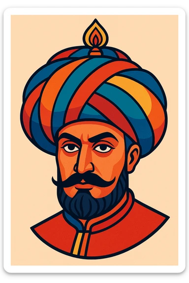 stylized portrait of Sultan Murad IV, head only, detailed turban, elegant mustache, artistic and colorful sticker