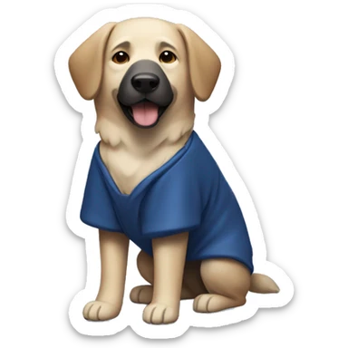 a shepherd dog with a dark muzzle in a dark blue dog jumpsuit sticker