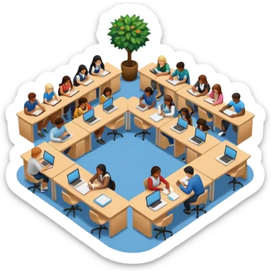 Birdseye view of large study space with students working separately add students sticker