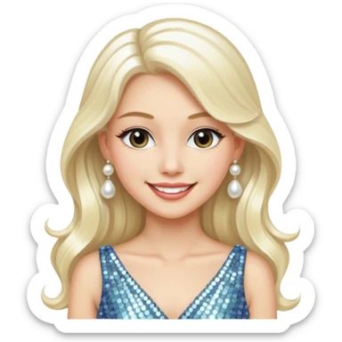emoji of a young elegant lady, long platinum blonde hair, wearing a sequin dress and pearl drop earrings, graceful smile sticker