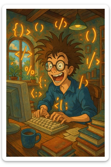 crazy programmer, wild hair, glasses, surrounded by floating code symbols, ghibli style sticker