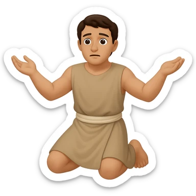 Remake this emoji in apple emoji style with brown hair and no silver handbands, fullbody apostle kneeling pose, variation 1. Keep the apple emoji style look and feel. sticker