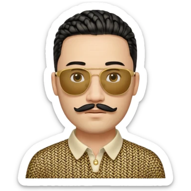 thin face, light skin, beard only on chin, mustache only above upper lip, no hair under lower lip, detailed black braids, rectangular gold sunglasses, beige top with GG pattern and collar, faithful to reference photo sticker