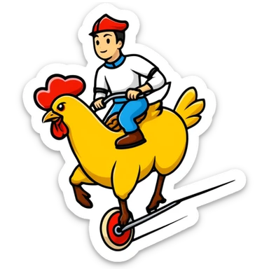 funny person riding a giant chicken like a jockey, internet meme, comical, human jockey on chicken sticker