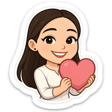 Create a chibi sticker of the girl from the reference image, holding a pink heart and smiling. She should have long hair as shown in variants 3, 4, and 5. The style should be 3D bitmoji chibi with a white outline and transparent background. sticker