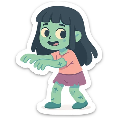 a zombie girl with black long hair and bangs, pastel toon style, soft colors, gentle sticker