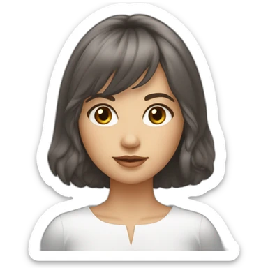 Femme brune frange cheveux coupe carré, yeux bleus et peau blanche avec boucle d’oreille argenté sticker