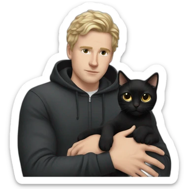 white man blakc hair, beany in tracksuit holdin black cat like a baby in arms sticker
