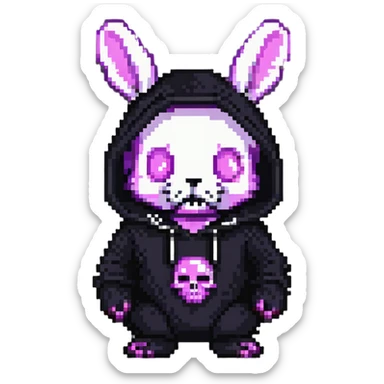 Kuromi character, purple bunny with a black hood and pink skull sticker