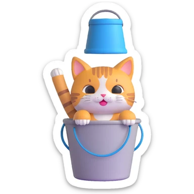 cute cat sitting with a large bucket stuck on its head, playful expression sticker