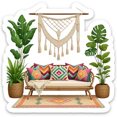 cozy bohemian living room with macrame wall hanging, plants, rattan furniture, and colorful cushions sticker