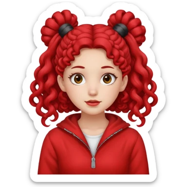 Give her long curly hair with two space buns up and red clothes sticker