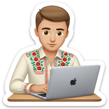 A Ukrainian guy in an embroidered shirt works at his laptop sticker
