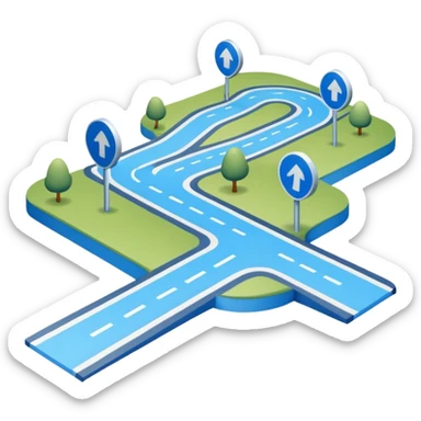 
A 3D minimal icon showing a street route with a clear path, blue road with white markings, in a clean, minimal 3D style and a transparent background. sticker