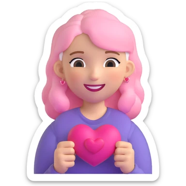 girl with pink and white hair, smiling, holding a heart, 3D emoji style sticker