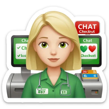 Eine Person die an der Supermarktkasse steht. Die Kasse ist gekennzeichnet als "Plauderkasse" und im grünen Design. sticker