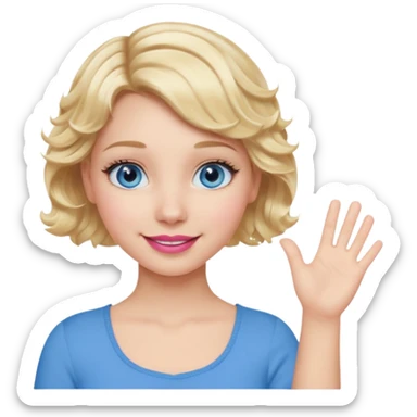 Girl Blonde short wavy hair,  blue eyes, cute blue top, long lashes, pink lips, waving hello  sticker