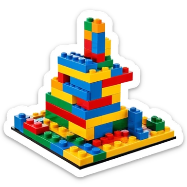 A photorealistic icon featuring colorful LEGO bricks in the process of being assembled into a structure, with a few partially built pieces. bright design, detailed textures of the bricks and the building process, capturing the creativity and fun of LEGO construction. Transparent background. sticker