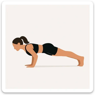 Minimalist flat vector illustration of a woman doing yoga (Four Limbed Staff ), wearing sportswear (black top and black shorts), brown hair pulled back into a ponytail, clean white background, no face details, elegant style sticker