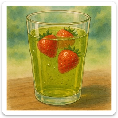 realistic glass of green tea with strawberries in ghibli style sticker