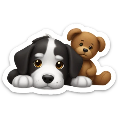 Black and white dog laying next to brown teddy bear sticker