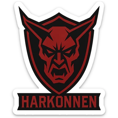 the Harkonnen sign from Dune, stylized as a bold, menacing emblem with sharp lines and a dark, ominous color palette sticker