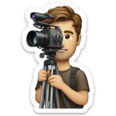 European film director with brown piled short hair holding a cinema camera sticker