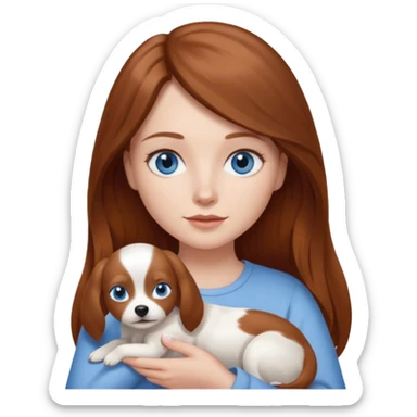 long hair chestnut color blue eyes woman holding small plain white dog sticker