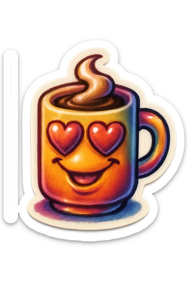 coffee cup creature, big heart eyes, dopey smile sticker