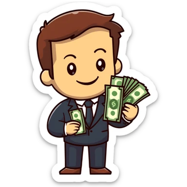 white male in a suit with money in his hand, smiling expression, happy face, brown hair sticker