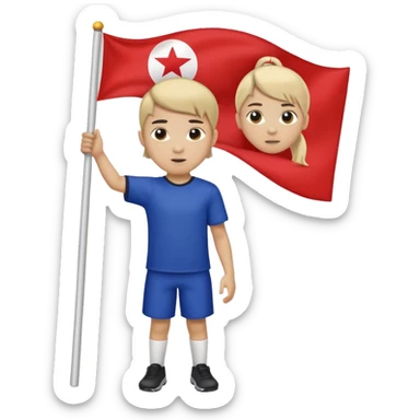 A pony tail hair boy holding a big team flag, waving it proudly with a determined expression. sticker