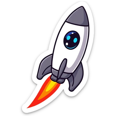 A cute sticker-style space rocket with a smiling face and bright flame trail sticker