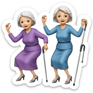 A old woman dancing with one-eyed and another old womn dancing with crutches. sticker