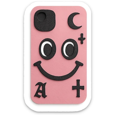 pink and black gothic phone case, big eyes, smiling, playful, cartoonish, gothic symbols sticker