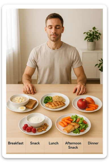 Uomo sereno con fisico sano e asciutto seduto davanti a un grande tavolo diviso in 5 sezioni, ognuna con un pasto bilanciato: colazione, spuntino, pranzo, merenda, cena. Ogni piatto ha porzioni equilibrate di proteine, carboidrati e grassi salutari. Ambiente ordinato, stile di vita sano, luce naturale, atmosfera di consapevolezza nutrizionale. sticker