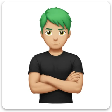 a man with his arms crossed over his chest, green hair, and serious eyes sticker