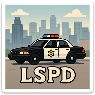 Make the police car black and white, add a city background, and add the caption 'LSPD' in a cartoon style. sticker