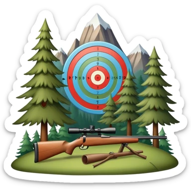 Icon for Hunting Tourism: hunting rifle, and a target, surrounded by nature elements like trees, mountains, and wildlife tracks. The icon should represent the adventure and exploration of hunting tourism. Transparent background. sticker