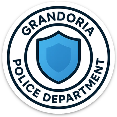 sleek modern round police department logo with GRANDORİA POLİCE DEPARTMENT, abstract shield shape, gradient blue tones, simple bold sans-serif lettering, futuristic and official style sticker