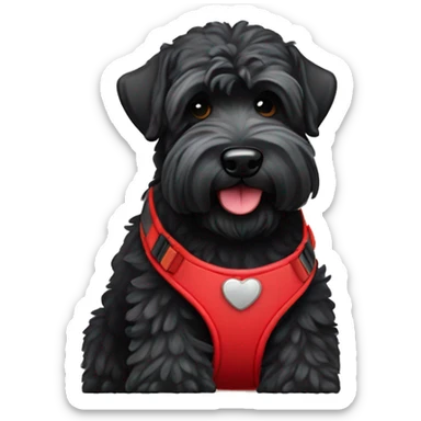 Black Russian terrier with cute smiling face and red harness sticker